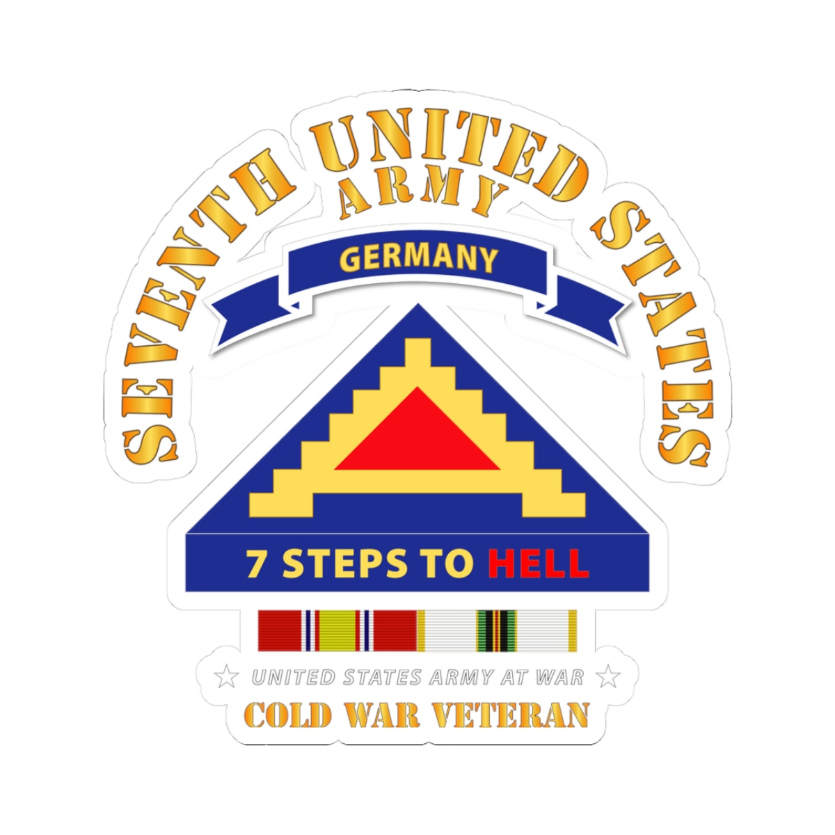 A sticker design featuring the 7th United States Army logo with '7 Steps to Hell' and 'Cold War Veteran' text, along with a representation of the German flag and service stripes.