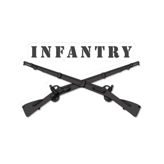 A sticker with a kiss-cut design featuring crossed rifles in black color with the text 'INFANTRY' above.