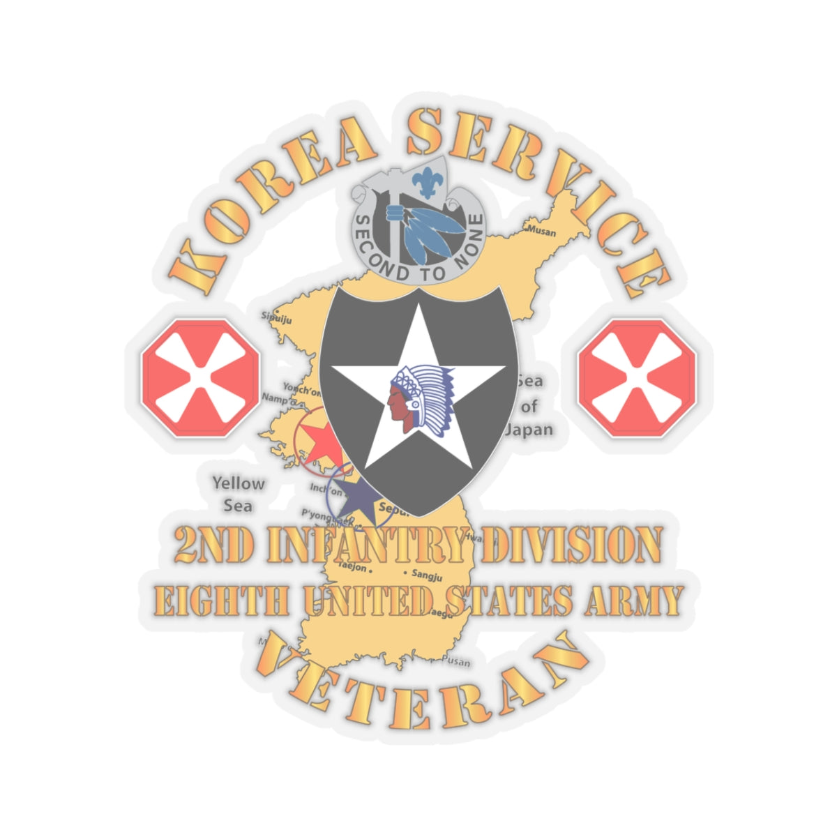 A sticker with a graphic representing the Korea Service Veteran, 2nd Infantry Division, 8th United States Army. It features a map of Korea, a star, and decorative elements in a circular design.