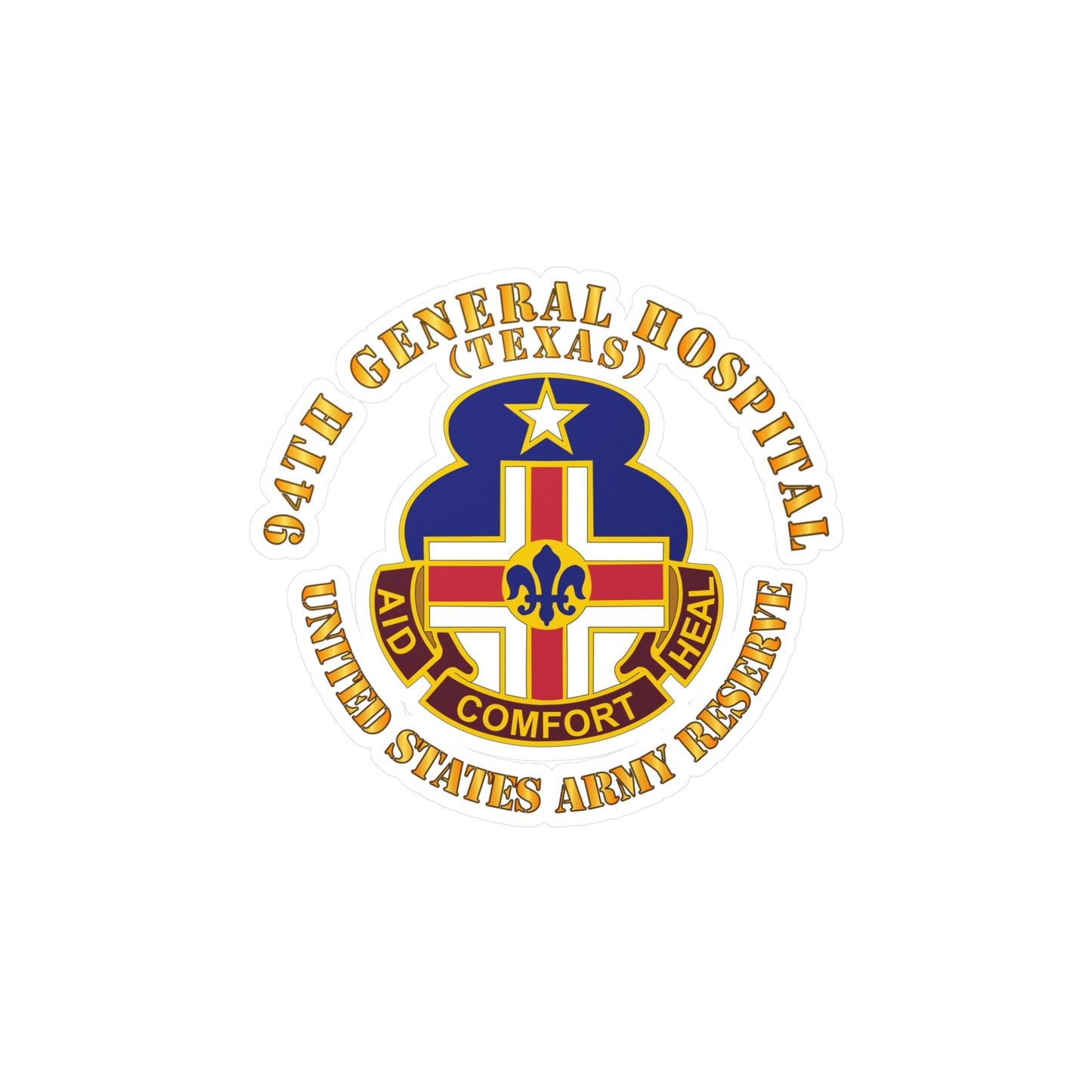 A circular white vinyl decal with a colorful emblem representing the 94th General Hospital, Texas, in the center.