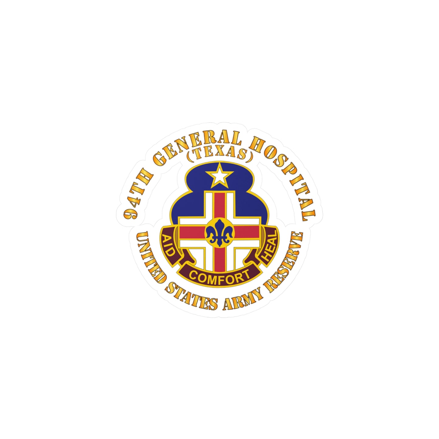 A circular white vinyl decal with a colorful emblem representing the 94th General Hospital, Texas, in the center.
