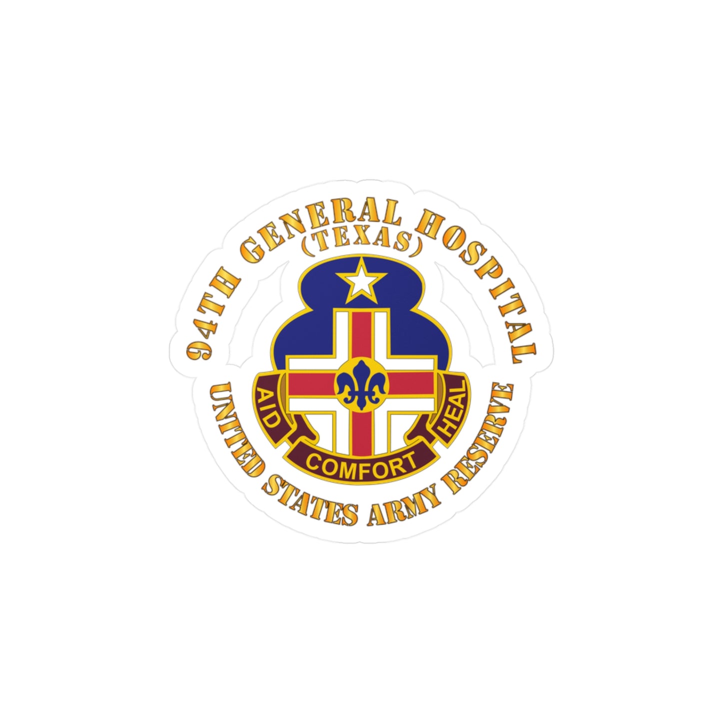 A circular white vinyl decal with a colorful emblem representing the 94th General Hospital, Texas, in the center.