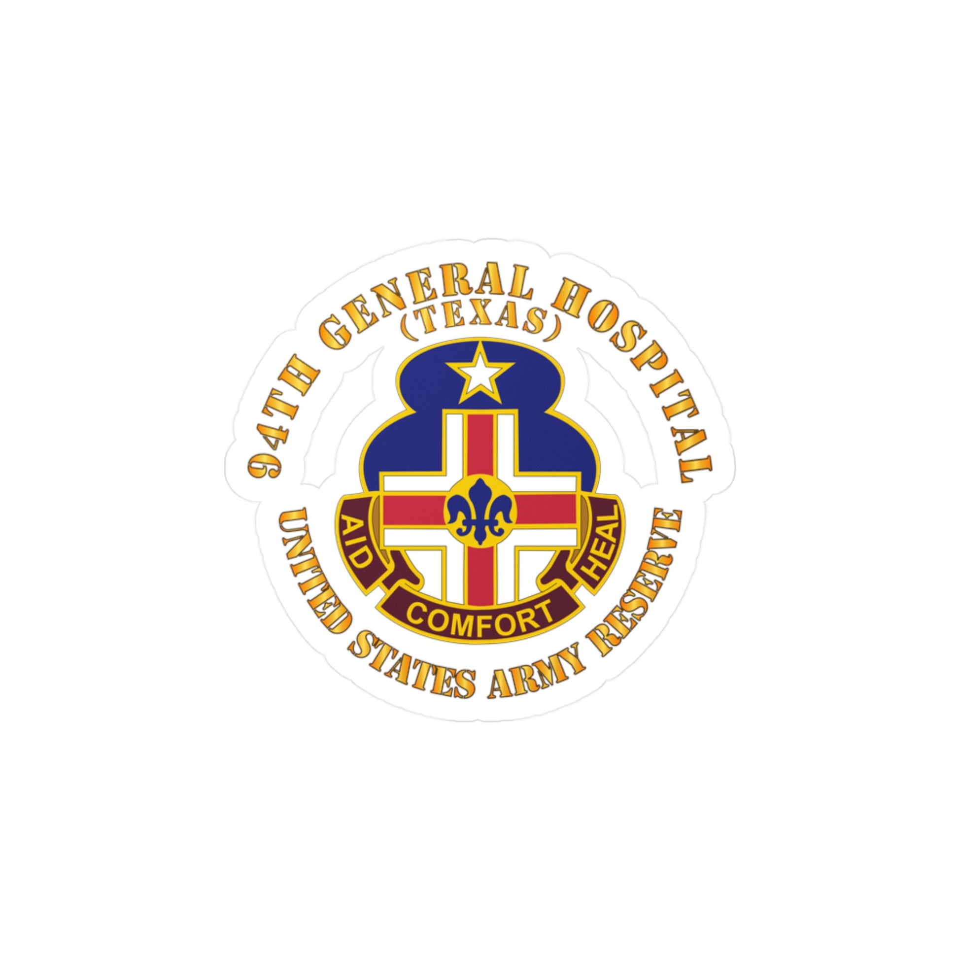 A circular white vinyl decal with a colorful emblem representing the 94th General Hospital, Texas, in the center.
