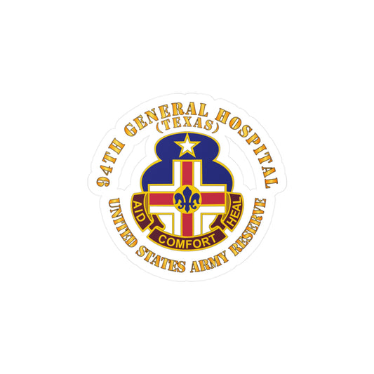 A circular white vinyl decal with a colorful emblem representing the 94th General Hospital, Texas, in the center.