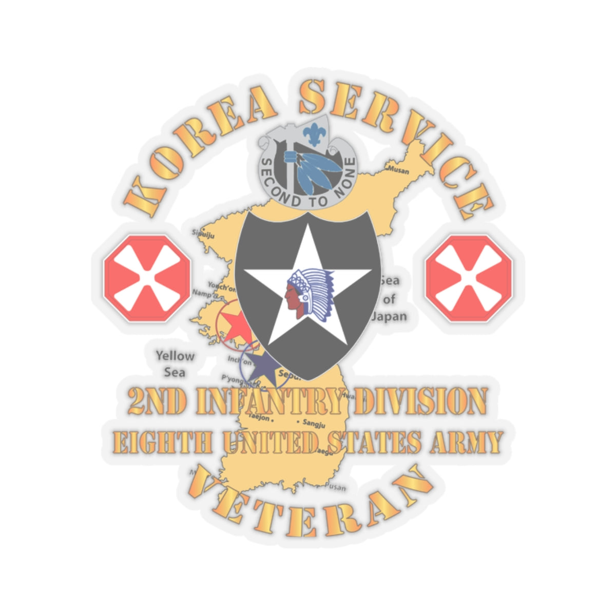 A sticker with a graphic representing the Korea Service Veteran, 2nd Infantry Division, 8th United States Army. It features a map of Korea, a star, and decorative elements in a circular design.