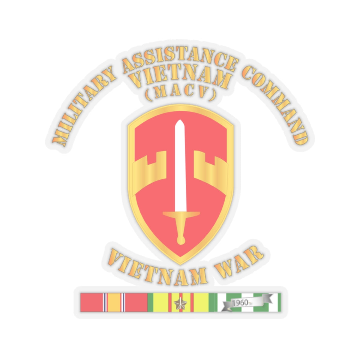 A sticker with the shield emblem of the Military Assistance Command Vietnam (MACV) with a sword, and ribbons representing service in the Vietnam War.