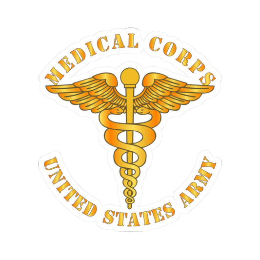 A sticker with the emblem of the United States Army Medical Corps, featuring a caduceus with wings and the text 'MEDICAL CORPS UNITED STATES ARMY'.