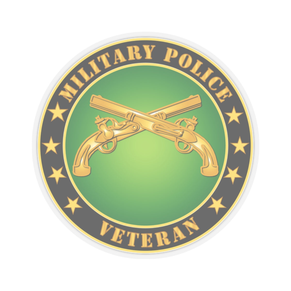 A circular sticker with a green background featuring the text 'MILITARY POLICE VETERAN' and an image of two crossed golden guns with stars around it.