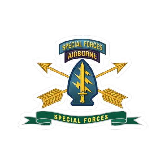 A logo of the United States Army Special Forces with a shield, arrows, and the text 'SPECIAL FORCES AIRBORNE'.