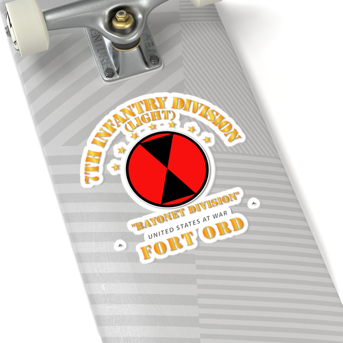 Skateboard deck with a 'The Infantry Division' sticker on a white background