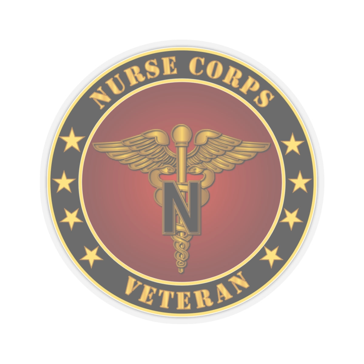 A circular sticker with a red background featuring the caduceus symbol, stars, and the text 'NURSE CORPS VETERAN'. The sticker has a golden border.
