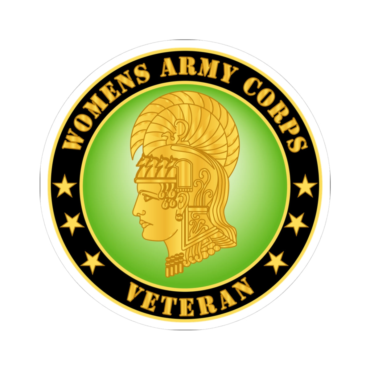 A round sticker with a green background featuring the profile of a woman's head wearing a helmet, with the text 'WOMENS ARMY CORPS VETERAN' and gold accents.