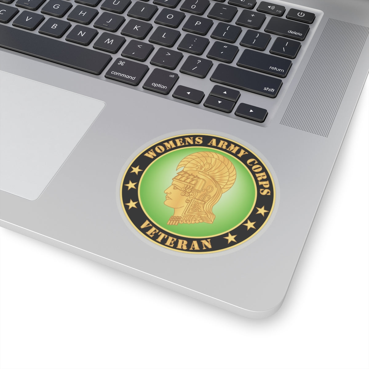 A round sticker with a green background featuring the profile of a woman's head wearing a helmet, with the text 'WOMENS ARMY CORPS VETERAN' and gold accents.
