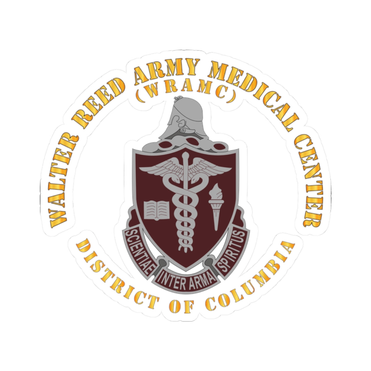 A sticker with the Walter Reed Army Medical Center, District of Columbia, crest featuring a building and medical symbols in grey and colorless design on a white background.