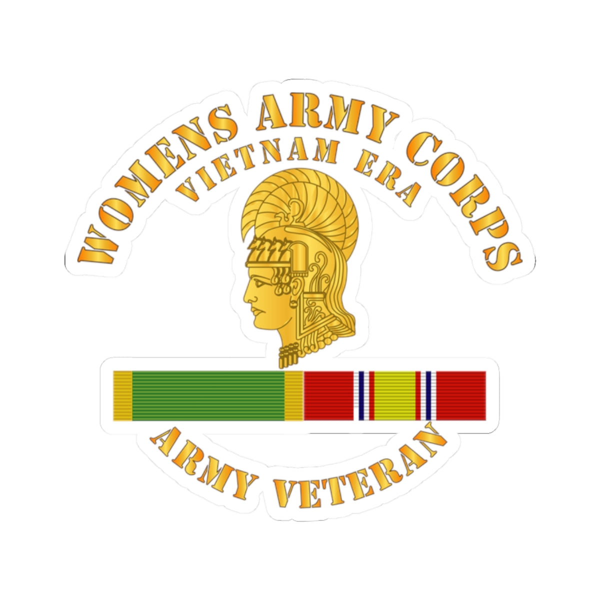 A sticker with the Women's Army Corps Vietnam Era logo, featuring a gold-colored emblem and a ribbon.