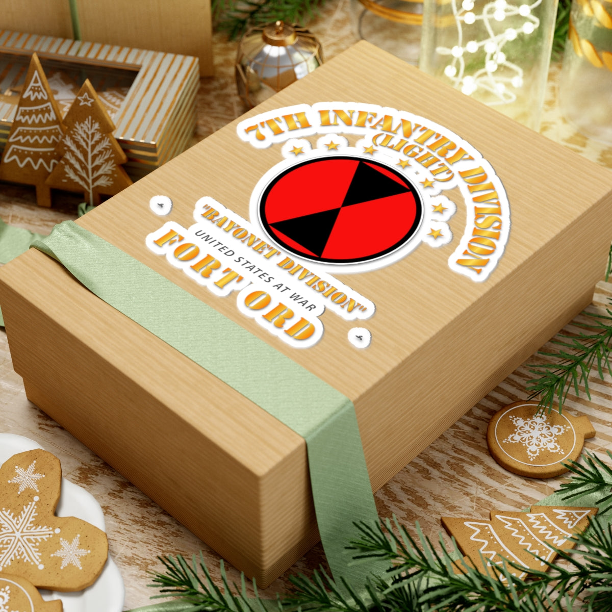 Wooden gift box with a military-themed label on a festive background with cookies and decorations.