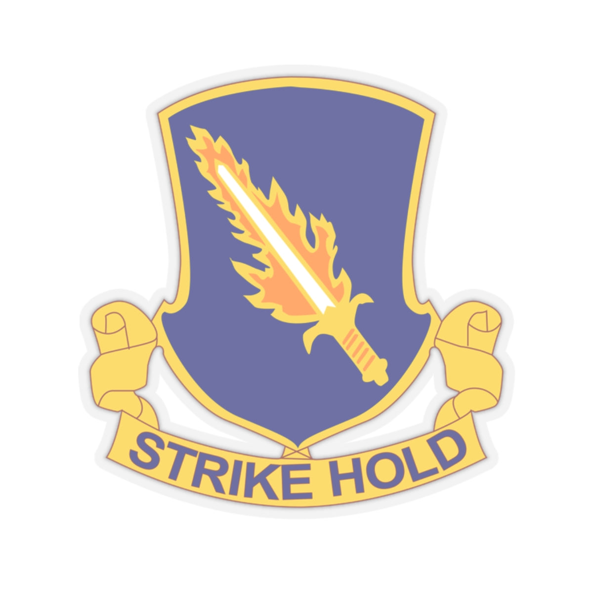 A distinctive unit insignia (DUI) featuring a blue shield with a silver parachute and a red lightning bolt, along with the text 'STRIKE HOLD'.