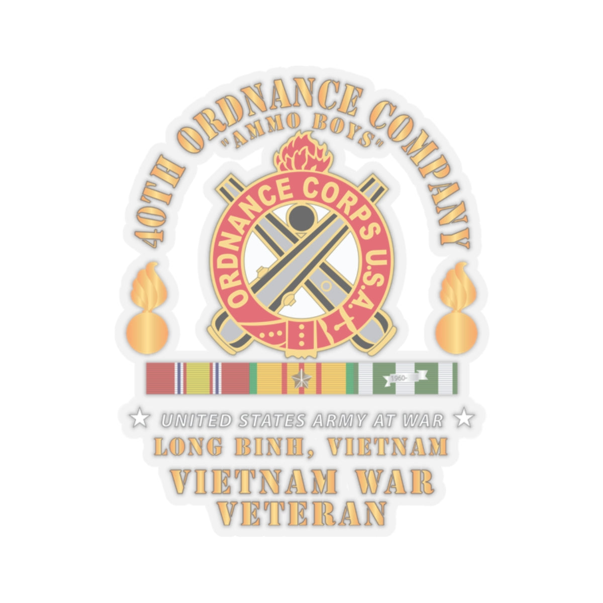 A sticker with the 40th Ordnance Company emblem, featuring a flaming bomb symbol, and text indicating service in Vietnam.