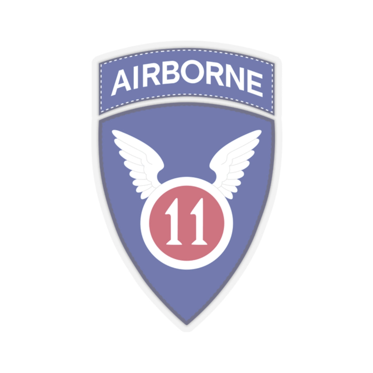 A kiss-Cut Stickers depicting the The 11th Airborne Division, known as the "Angels," is a historic U.S. Army airborne unit. Its shoulder sleeve insignia (SSI) features a red winged sword (symbolizing speed and striking power) on a blue background with a white border.