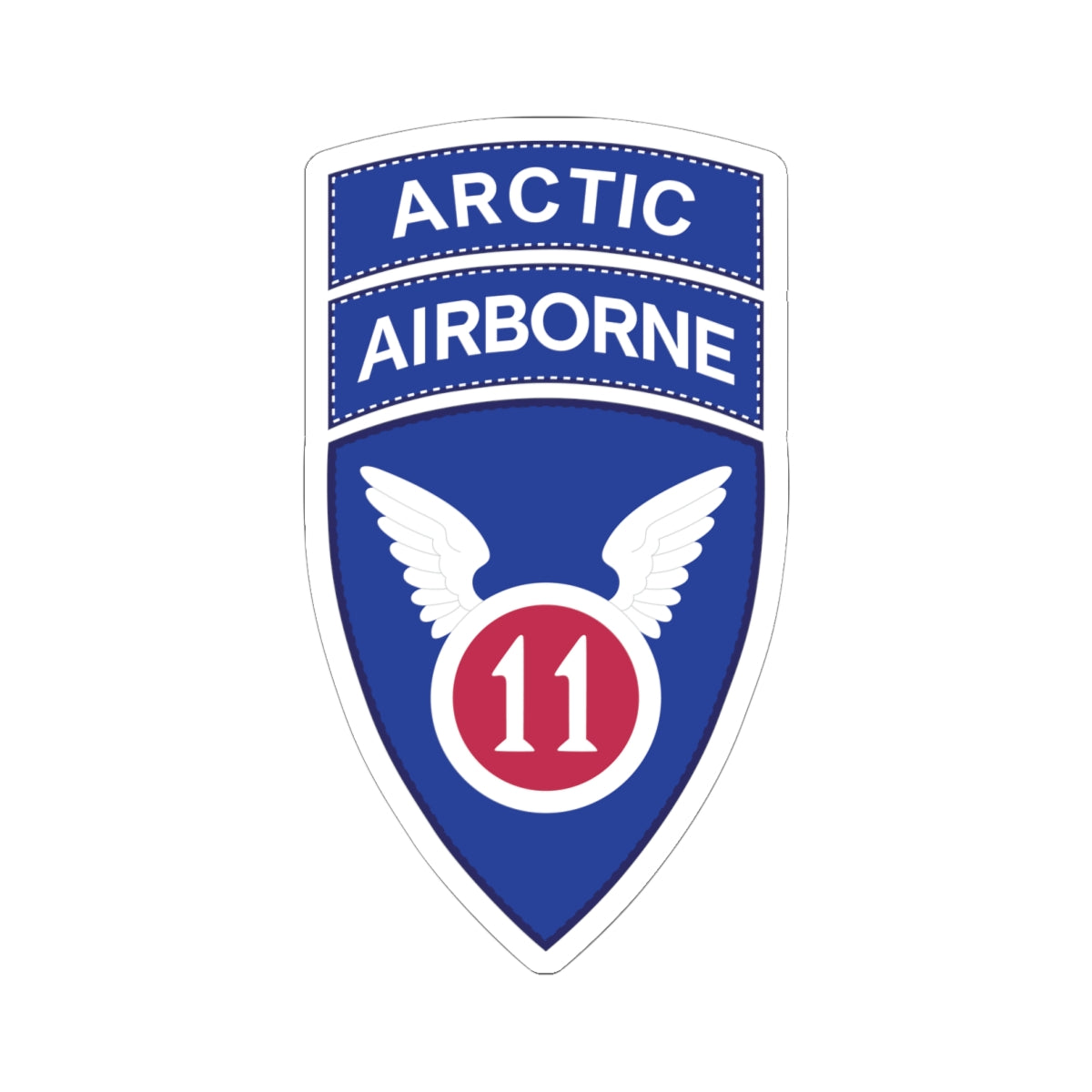 A kiss-Cut Stickers depicting the 11th Airborne Division, reactivated in 2022, is a U.S. Army unit specializing in cold-weather and Arctic operations. Nicknamed the "Arctic Angels," its shoulder sleeve insignia (SSI) features a red angel wing and sword on a blue background, and it is often worn with the "Arctic" tab to denote its mission focus.