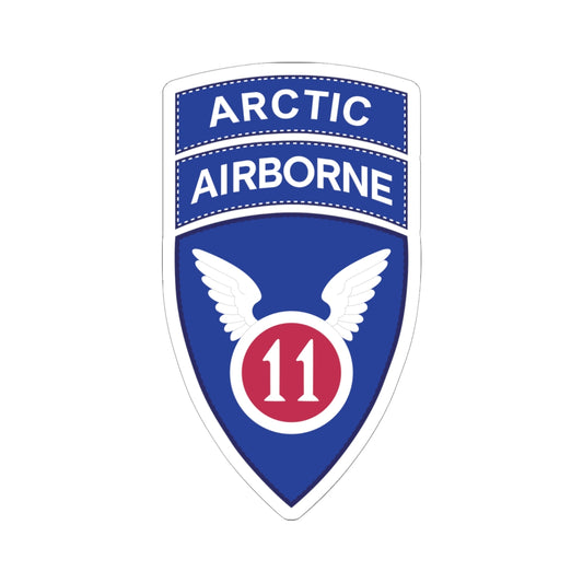 A kiss-Cut Stickers depicting the 11th Airborne Division, reactivated in 2022, is a U.S. Army unit specializing in cold-weather and Arctic operations. Nicknamed the "Arctic Angels," its shoulder sleeve insignia (SSI) features a red angel wing and sword on a blue background, and it is often worn with the "Arctic" tab to denote its mission focus.