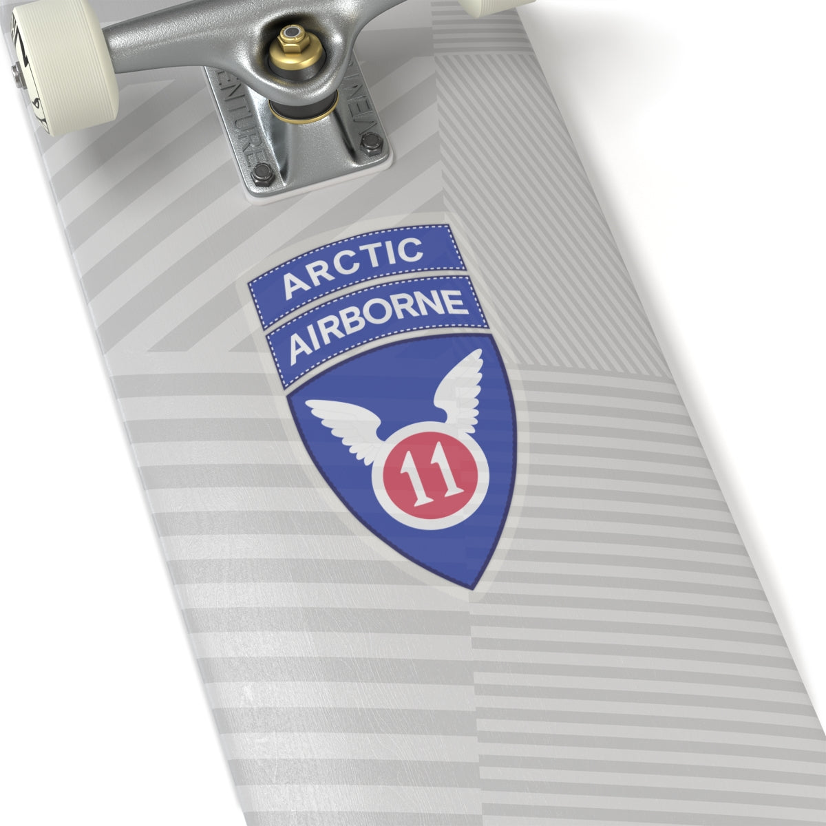 A kiss-Cut Stickers depicting the 11th Airborne Division, reactivated in 2022, is a U.S. Army unit specializing in cold-weather and Arctic operations. Nicknamed the "Arctic Angels," its shoulder sleeve insignia (SSI) features a red angel wing and sword on a blue background, and it is often worn with the "Arctic" tab to denote its mission focus.