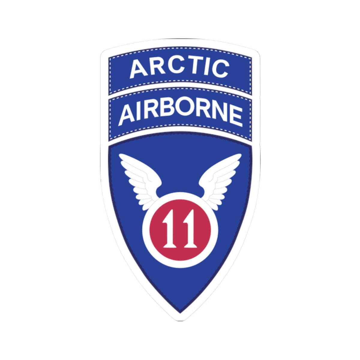 A kiss-Cut Stickers depicting the 11th Airborne Division, reactivated in 2022, is a U.S. Army unit specializing in cold-weather and Arctic operations. Nicknamed the "Arctic Angels," its shoulder sleeve insignia (SSI) features a red angel wing and sword on a blue background, and it is often worn with the "Arctic" tab to denote its mission focus.