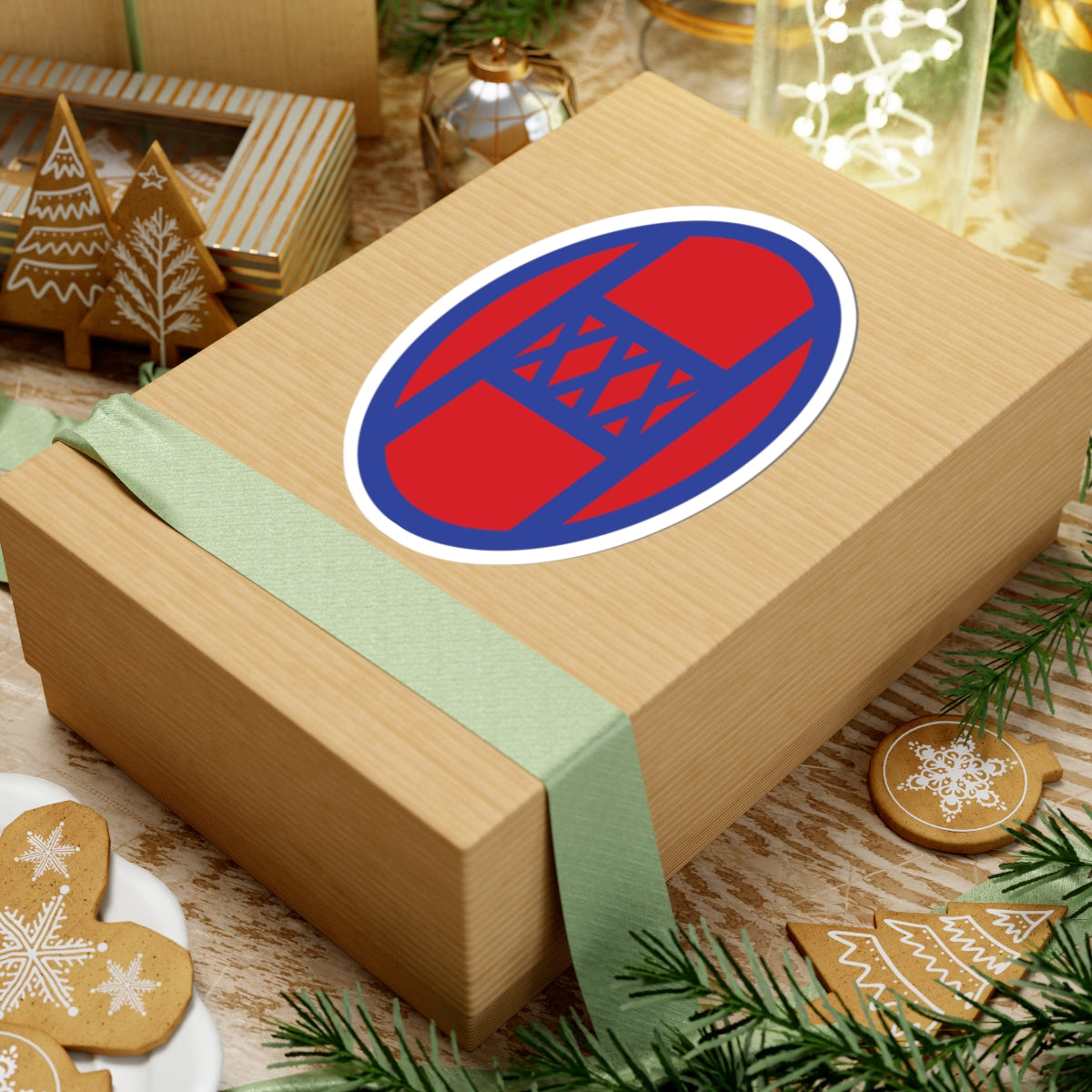 A kiss-Cut Stickers depicting The 30th Infantry Division, nicknamed "Old Hickory" in honor of President Andrew Jackson, was a National Guard unit composed mainly of troops from North Carolina, South Carolina, Georgia, and Tennessee. Its shoulder sleeve insignia (SSI) features an intertwined "O" and "H" on a blue and red background.