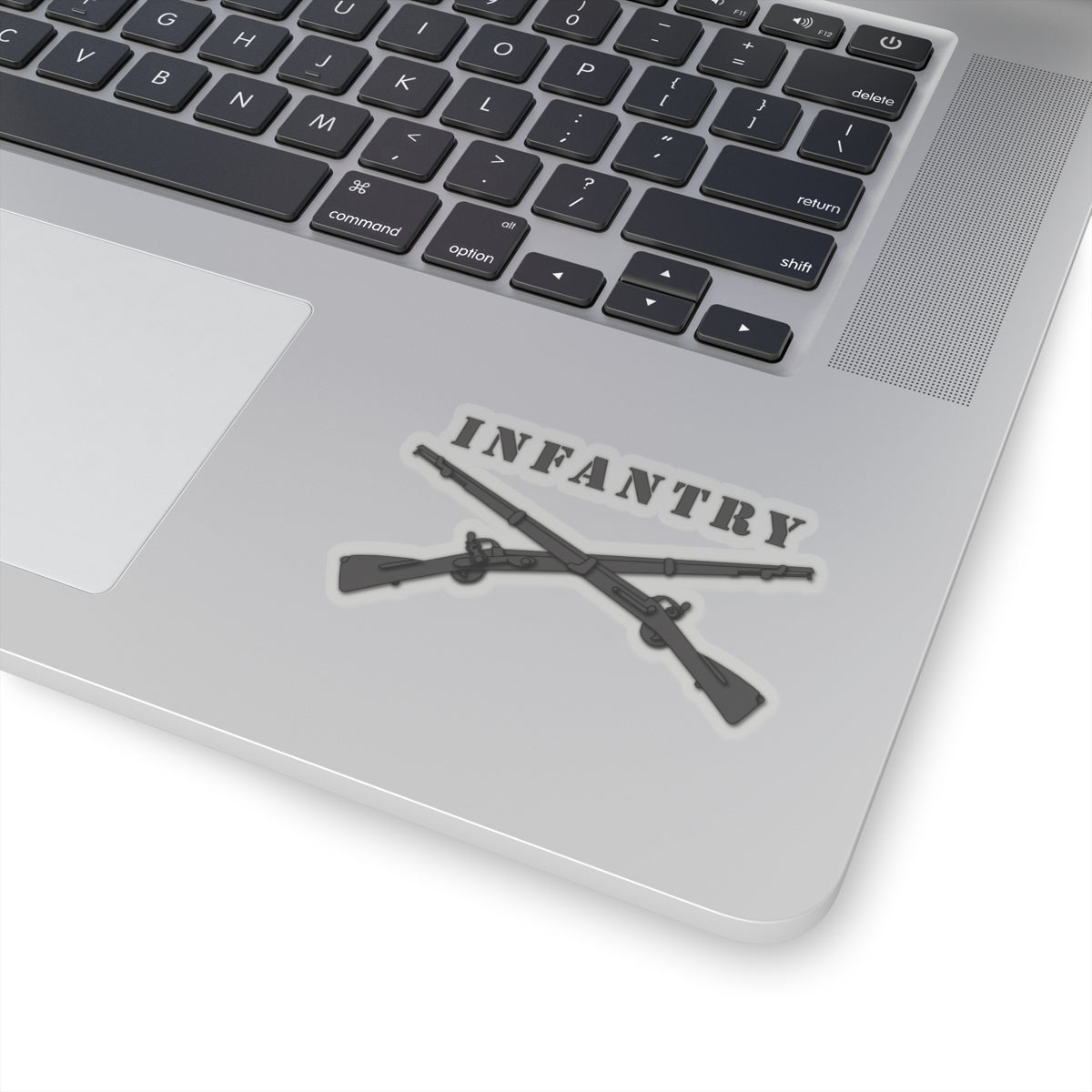 A sticker with a design of crossed black rifles and the text 'INFANTRY'.