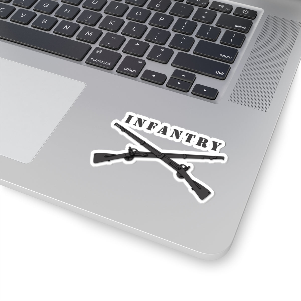 A sticker with a design of crossed black rifles and the text 'INFANTRY'.
