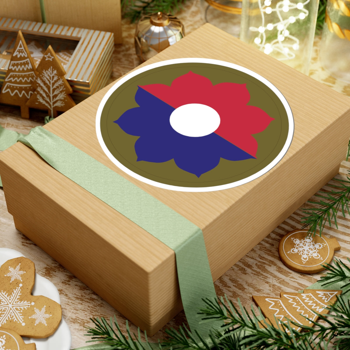 A kiss-Cut Stickers depicting the 9th Infantry Division, nicknamed the "Old Reliables," is a storied U.S. Army unit with a history of service in World War II, Vietnam, and the Cold War. Its shoulder sleeve insignia (SSI) features a red, white, and blue octofoil (eight-petaled figure), symbolizing the division’s numerical designation and readiness.