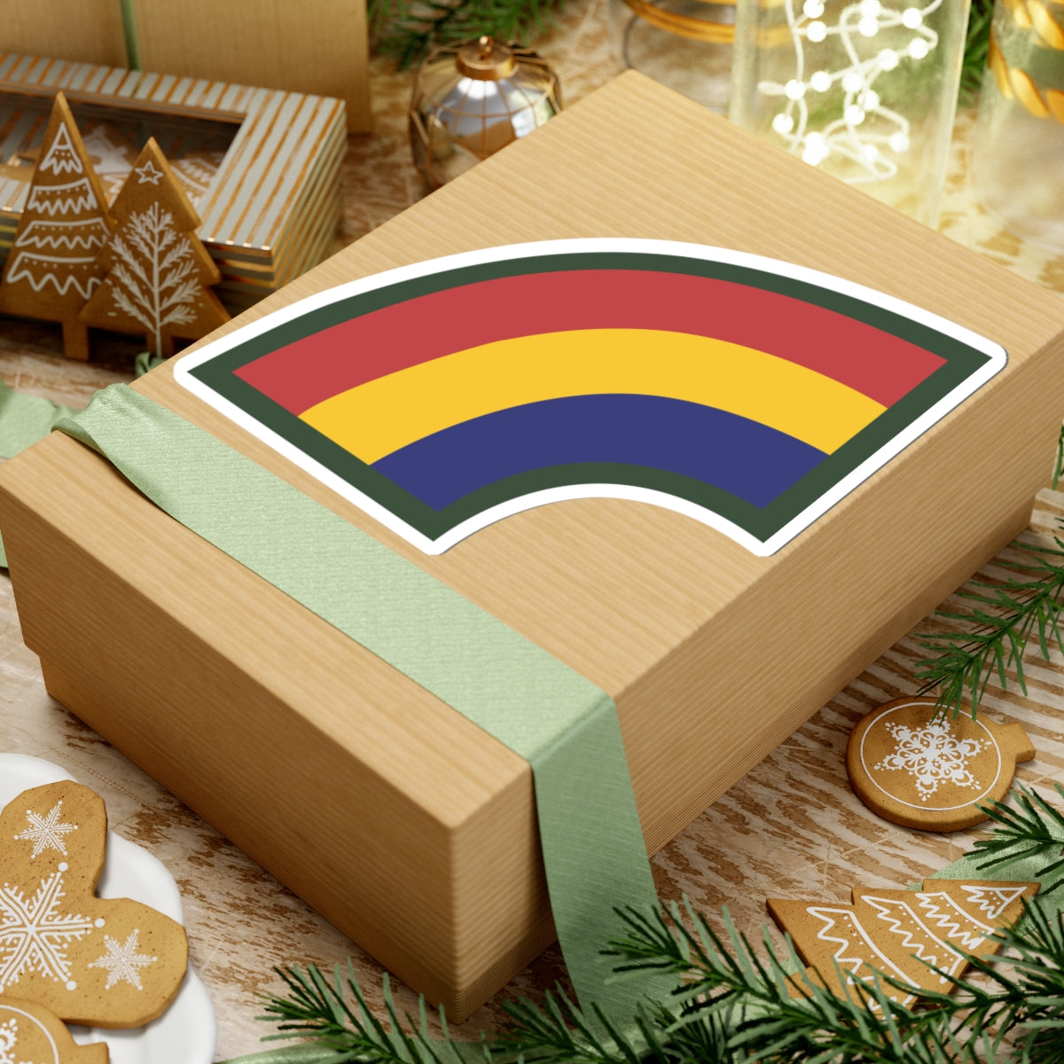 A kiss-Cut Stickers depicting The 42nd Infantry Division, known as the "Rainbow Division," is a storied unit of the U.S. Army National Guard. Its shoulder sleeve insignia (SSI) features a rainbow, symbolizing the division’s original composition of units from across the United States.