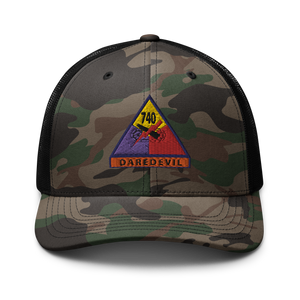 Camouflage trucker hat - Army - 740thTank Battalion SSI - Daredevil w Name Tape