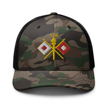 Load image into Gallery viewer, Camouflage trucker hat - Army - 124th Signal Bn - Voice Iron Horse - Vietnam Vet
