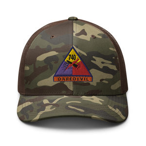 Camouflage trucker hat - Army - 740thTank Battalion SSI - Daredevil w Name Tape