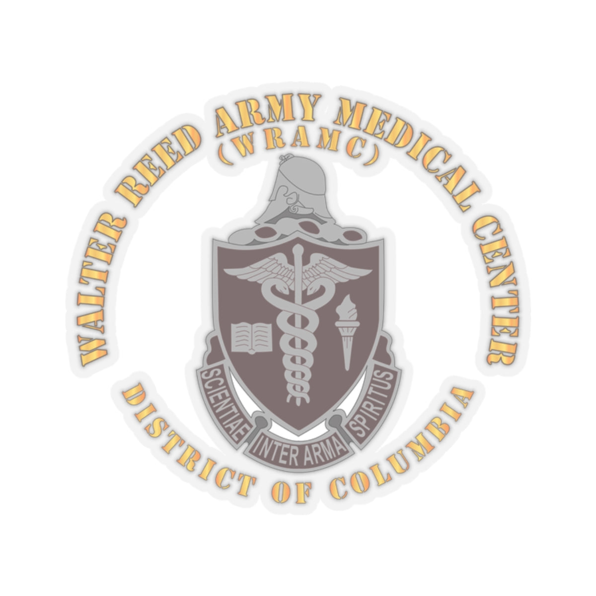 A sticker with the Walter Reed Army Medical Center, District of Columbia, crest featuring a building and medical symbols in grey and colorless design on a white background.