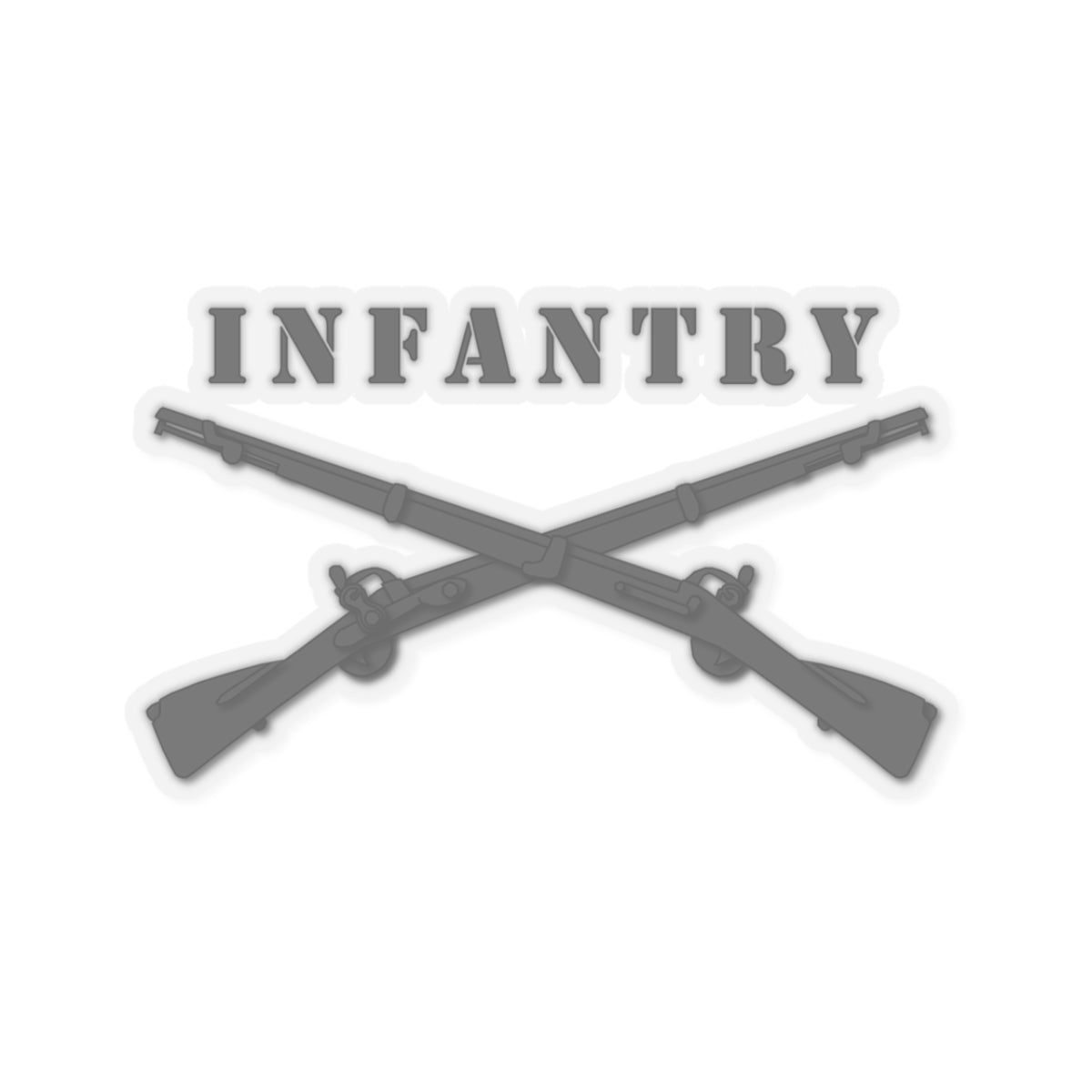 A sticker with a design of crossed black rifles and the text 'INFANTRY'.