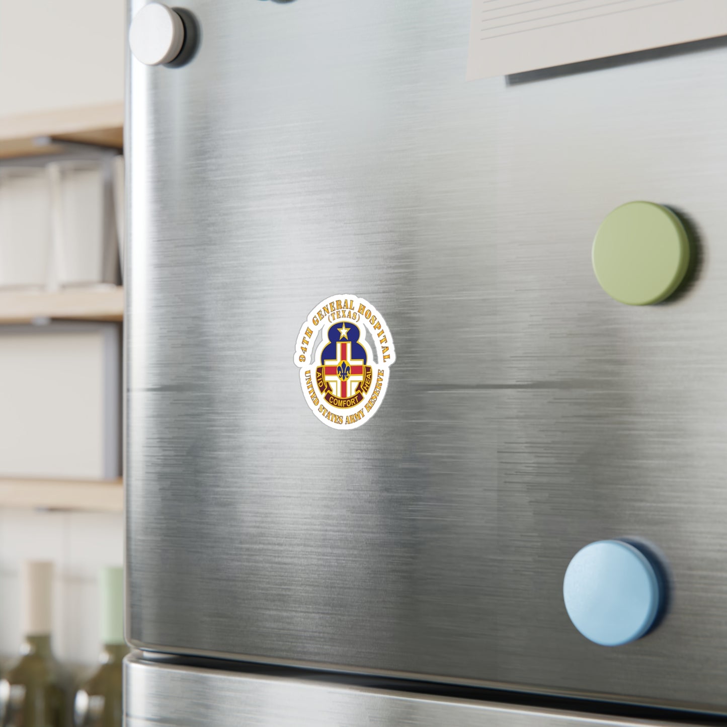 A circular white vinyl decal with a colorful emblem representing the 94th General Hospital, Texas, in the center.