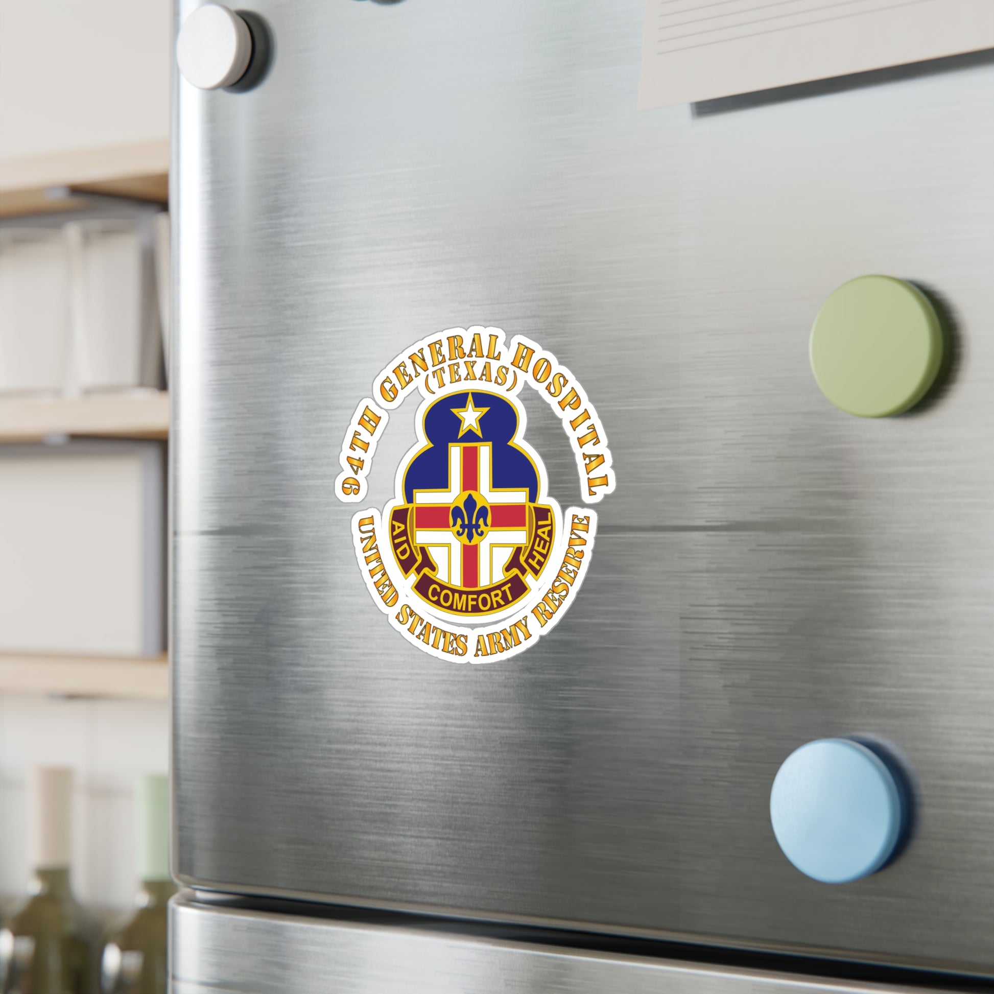 A circular white vinyl decal with a colorful emblem representing the 94th General Hospital, Texas, in the center.
