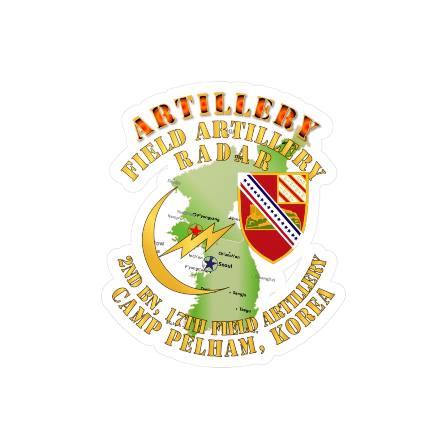 A colorful vinyl decal featuring the 'Artillery Field Artillery Radar' with a map and unit insignia, predominantly green, yellow, and red.