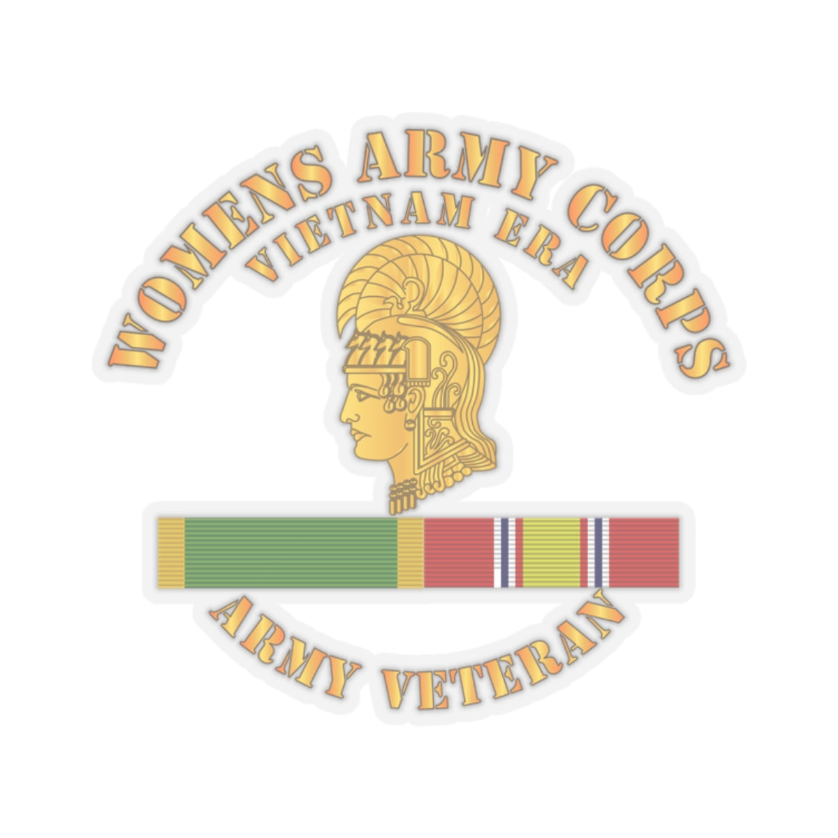 A sticker with the Women's Army Corps Vietnam Era logo, featuring a gold-colored emblem and a ribbon.