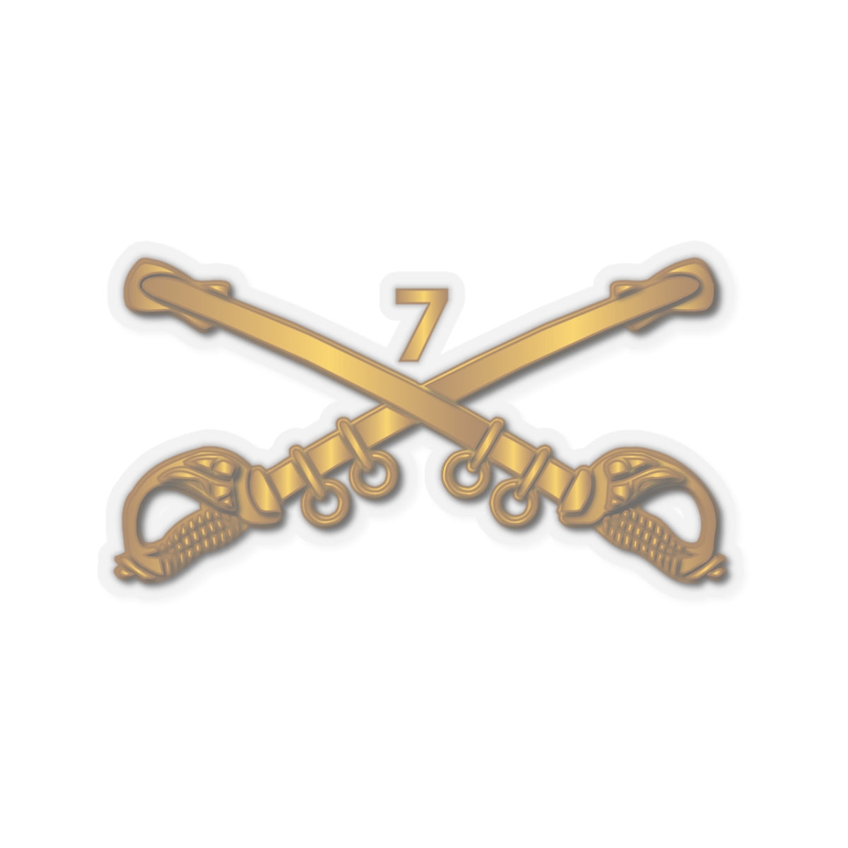 A gold-colored sticker in the shape of a cross with the number 7 and a star, representing the 7th Cavalry Branch.