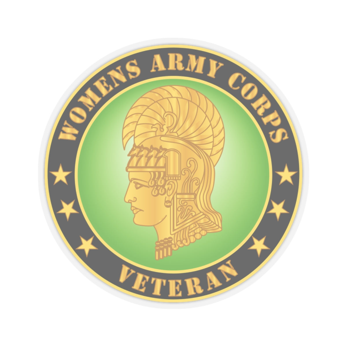 A round sticker with a green background featuring the profile of a woman's head wearing a helmet, with the text 'WOMENS ARMY CORPS VETERAN' and gold accents.