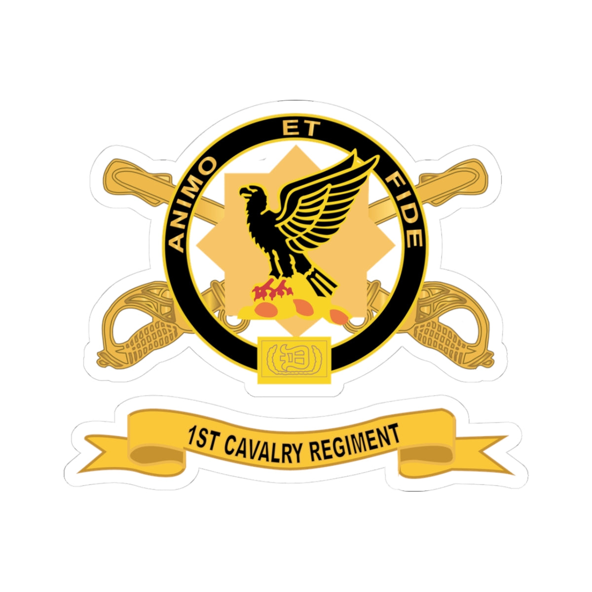 A logo of the 1st Cavalry Regiment featuring a bird, possibly an eagle, with a shield and text elements, predominantly in gold and black colors.