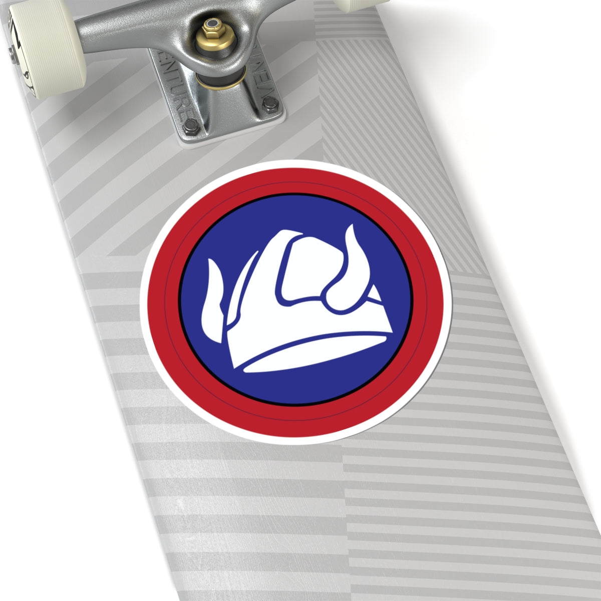A circular sticker with a white design of a Viking helmet, surrounded by a red ring, against a blue background.