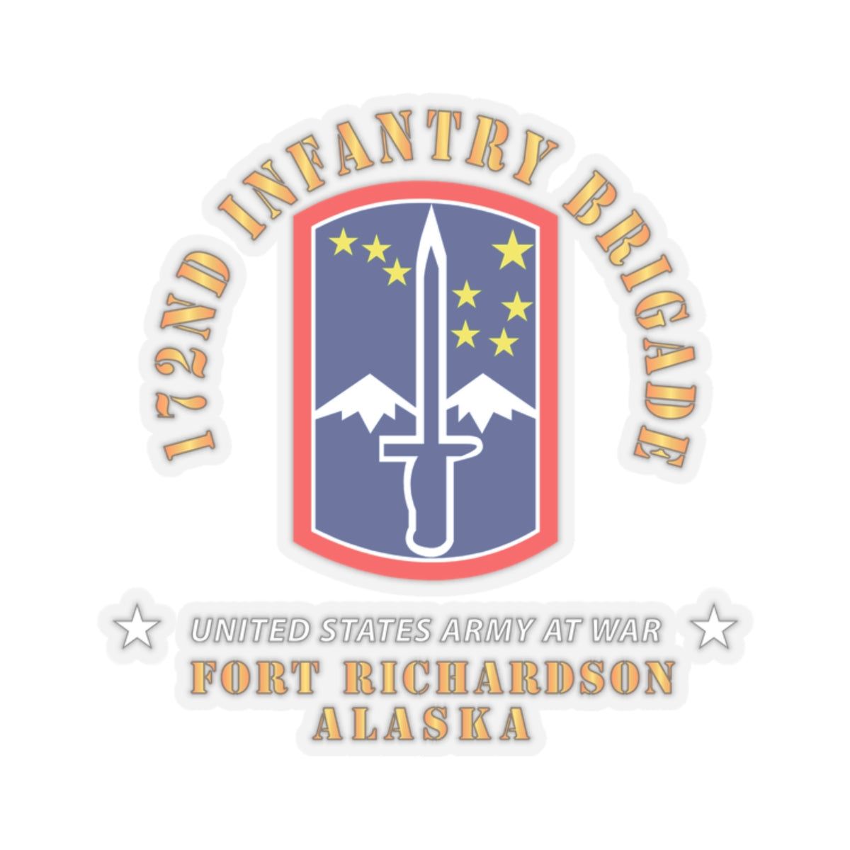 A sticker with a coat of arms representing the 172nd Infantry Brigade, with red, white, and blue colors and a sword emblem, indicating Fort Richardson, Alaska.