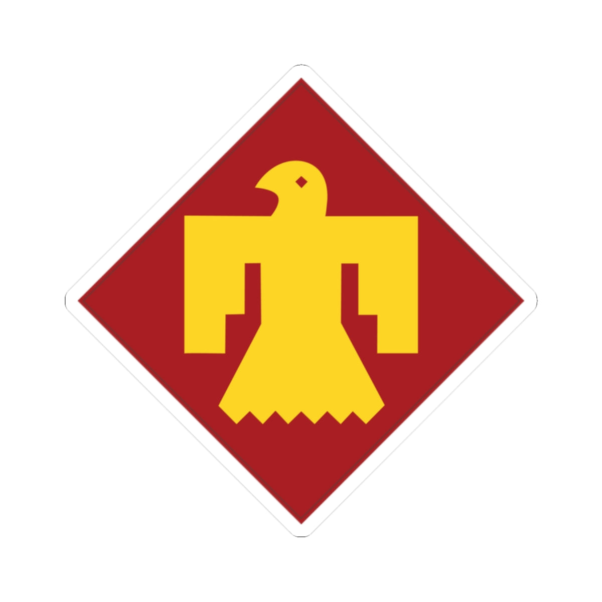 A kiss-Cut Stickers depicting The 45th Infantry Division, known as the "Thunderbird Division," was a National Guard unit primarily made up of troops from Oklahoma, New Mexico, Colorado, and Arizona. Its shoulder sleeve insignia (SSI) features a red Thunderbird on a gold background, symbolizing Native American heritage and strength.