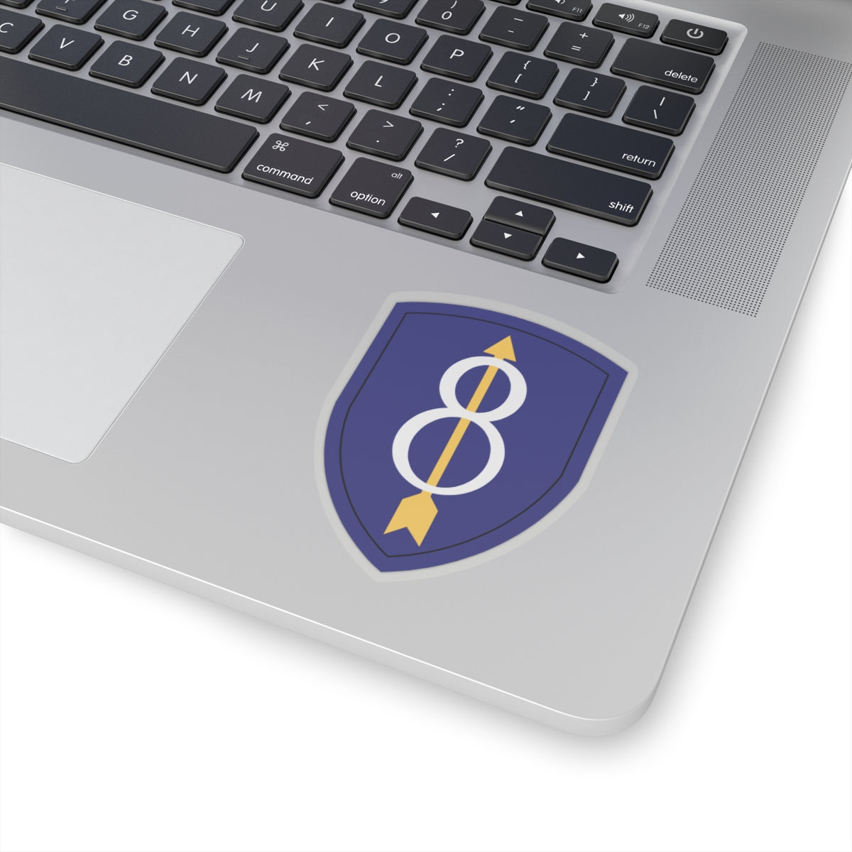 A kiss-Cut Stickers depicting the 8th Infantry Division, known as the "Pathfinder Division," served with distinction in World War I, World War II, and the Cold War. Its shoulder sleeve insignia (SSI) features a gold numeral "8" on a blue shield with a red border, symbolizing strength and tradition.