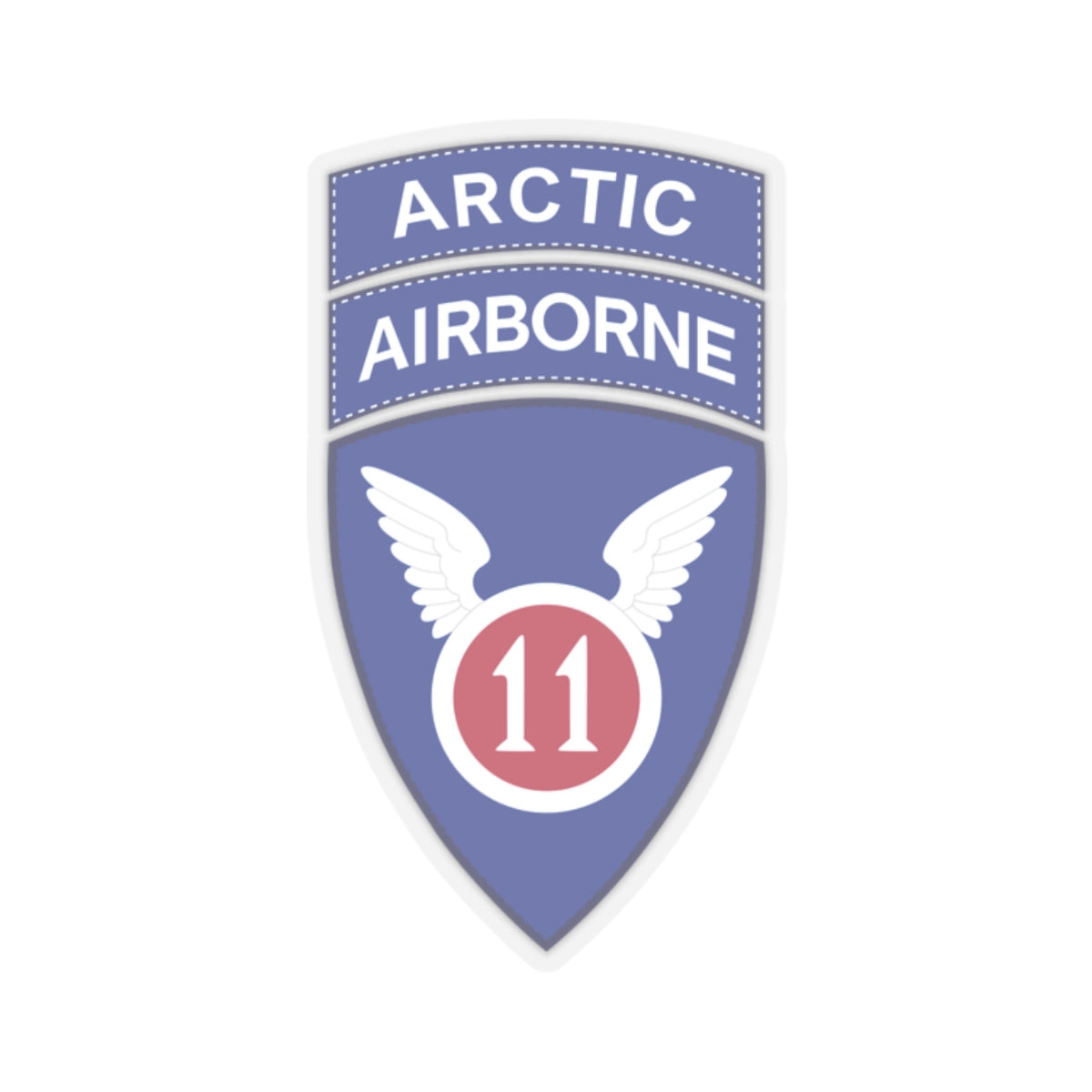 A kiss-Cut Stickers depicting the 11th Airborne Division, reactivated in 2022, is a U.S. Army unit specializing in cold-weather and Arctic operations. Nicknamed the "Arctic Angels," its shoulder sleeve insignia (SSI) features a red angel wing and sword on a blue background, and it is often worn with the "Arctic" tab to denote its mission focus.