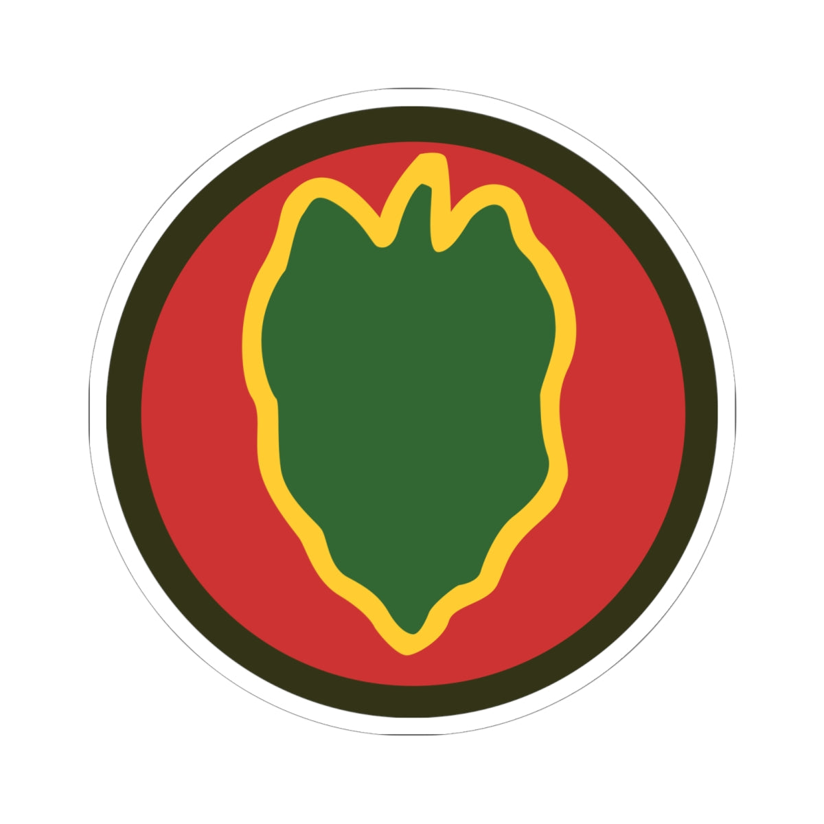 A kiss-Cut Stickers depicting the 24th Infantry Division, nicknamed the "Victory Division," was a U.S. Army division known for its service in World War II, the Korean War, and Operation Desert Storm. Its shoulder sleeve insignia (SSI) features a green taro leaf on a red circular background, symbolizing its origins in Hawaii and the Pacific.